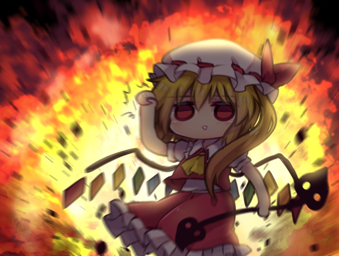 1girl arm_up ascot bangs blonde_hair blush commentary_request crystal debris explosion flandre_scarlet frilled_shirt_collar frilled_skirt frills hat holding holding_weapon laevatein_(touhou) mob_cap one-hour_drawing_challenge red_eyes red_skirt red_vest rock shirt short_hair short_sleeves side_ponytail skirt solid_circle_eyes solo standing touhou triangle_mouth unime_seaflower upper_body vest weapon white_shirt wings yellow_neckwear