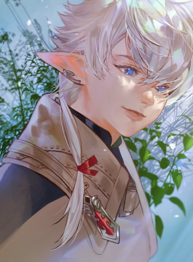 1girl alisaie_leveilleur bangs beige_jacket blue_eyes commentary_request earclip elezen elf final_fantasy final_fantasy_xiv hair_ribbon jya korean_commentary leaf looking_to_the_side medium_hair plant pointy_ears ponytail portrait ribbon silver_hair solo