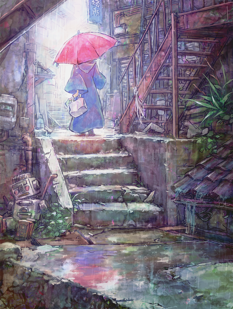 1girl bag dress junpei_(juntonanotukunanika) leaf original plant rain scenery stairs umbrella walking