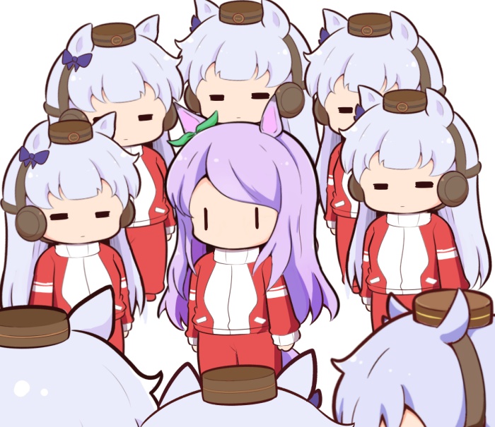 6+girls =_= animal_ears bow chibi clone commentary ear_bow gold_ship_(umamusume) gomashio_(goma_feet) green_bow headgear horse_ears horse_girl long_hair mejiro_mcqueen_(umamusume) multiple_girls no_mouth pillbox_hat purple_bow purple_hair red_track_suit shiny shiny_hair silver_hair track_suit turtleneck umamusume |_|