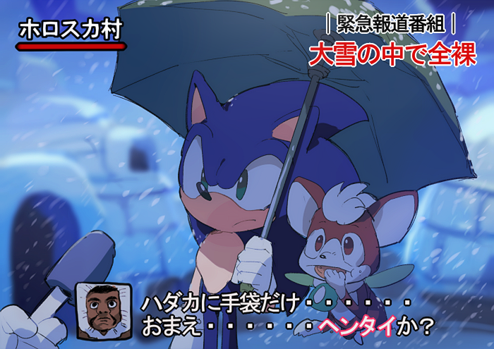 3boys animal_nose aoki_(fumomo) chip_(sonic) eating floating furry furry_male green_eyes holding holding_umbrella igloo insect_wings interview meme microphone multiple_boys polka_dot polka_dot_umbrella shared_umbrella snow_shelter snowing sonic_(series) sonic_the_hedgehog sonic_world_adventure special_feeling_(meme) standing translation_request umbrella wings