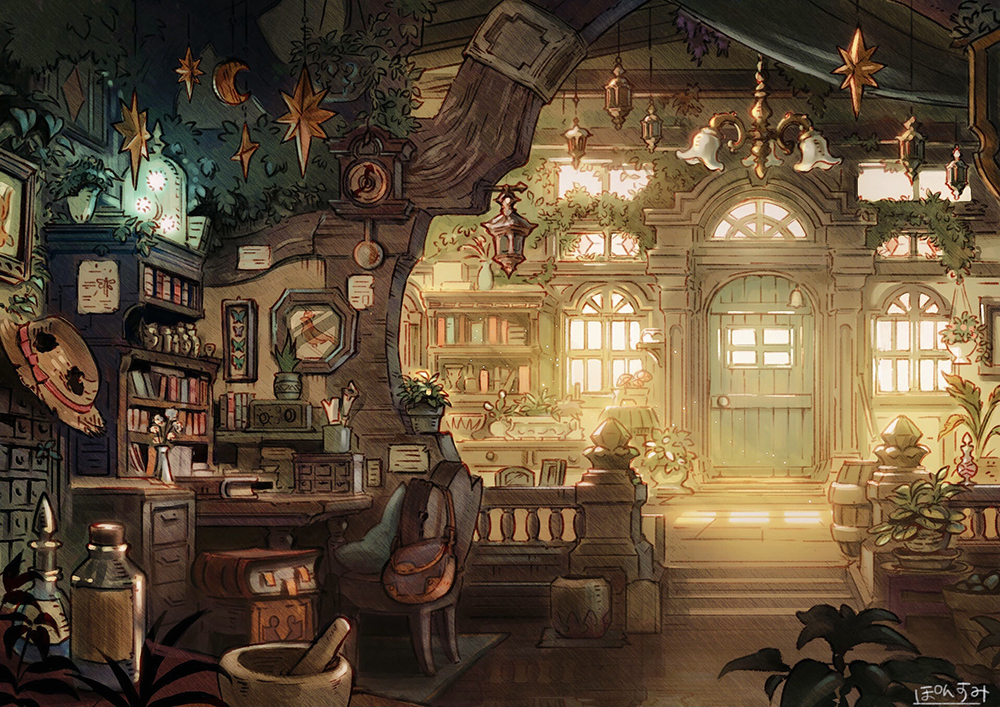 book bookshelf bottle chair desk door fantasy hat indoors lantern no_humans original plant room scenery stairs window