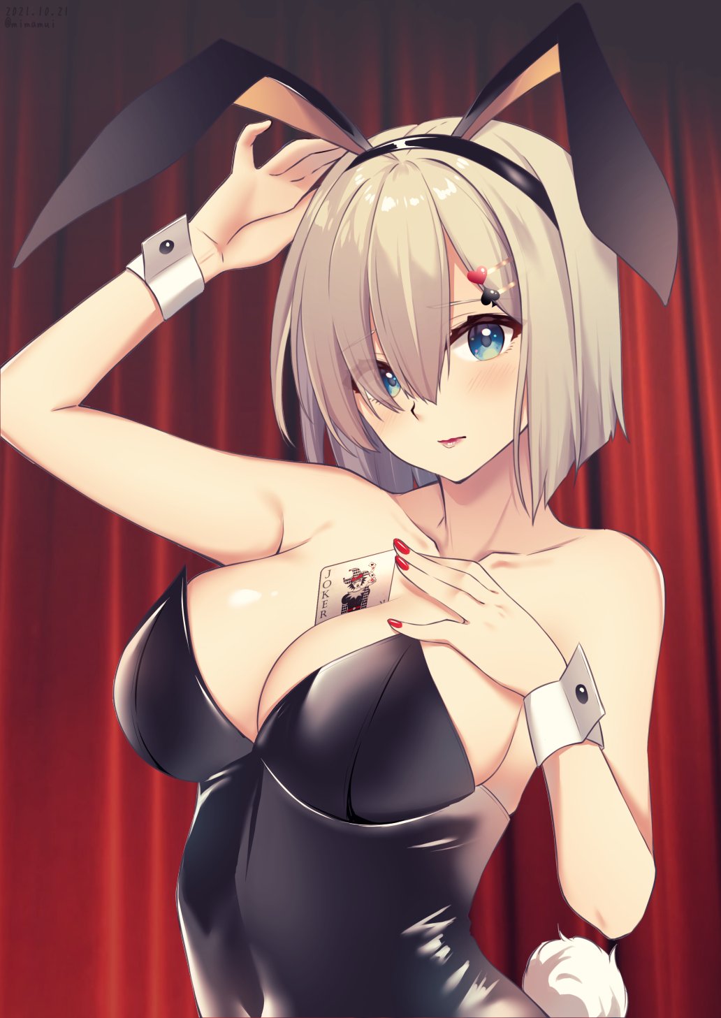 alternate_costume animal_ears between_breasts black_legwear black_leotard blue_eyes breasts card collarbone curtains hair_ornament hair_over_one_eye hairclip hamakaze_(kancolle) highres kantai_collection large_breasts leotard lips mimamui nail_polish one-hour_drawing_challenge pantyhose playboy_bunny playing_card rabbit_ears rabbit_tail short_hair silver_hair strapless strapless_leotard tail wrist_cuffs