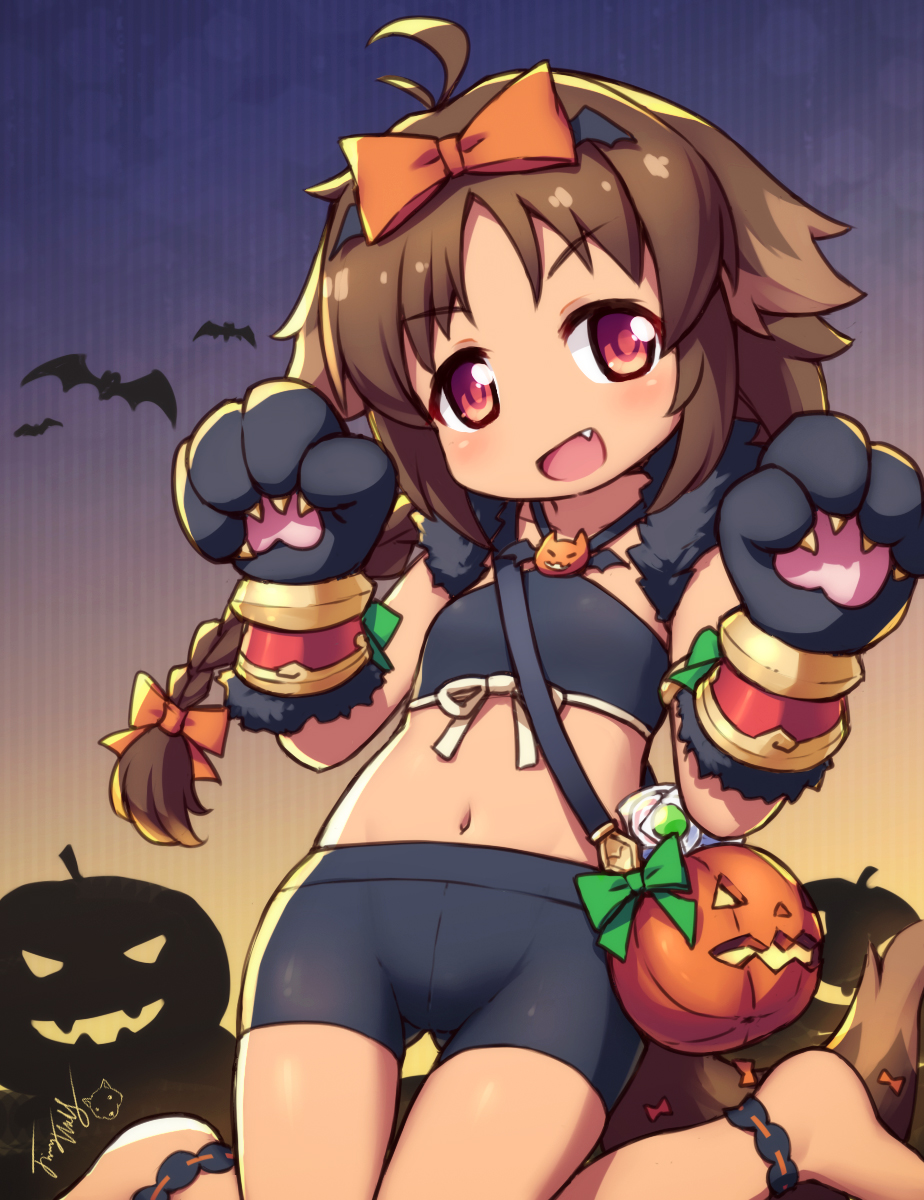 1girl :d ahoge animal animal_hands bangs barefoot bat bike_shorts black_gloves black_shorts bow braid brown_hair commentary_request eyebrows_visible_through_hair fang gloves hair_bow halloween halloween_bucket halter_top halterneck head_tilt highres jack-o'-lantern kaori_(princess_connect!) kneeling knees_together_feet_apart langbazi long_hair midriff navel orange_bow paw_gloves princess_connect! red_eyes short_shorts shorts signature single_braid smile solo very_long_hair younger