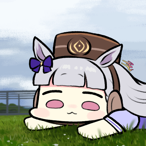 1girl :3 animal_ears bangs blunt_bangs blush bow brown_headwear chibi closed_mouth commentary eyebrows_visible_through_hair gold_ship_(umamusume) grey_hair hair_bow horse_ears horse_girl jazz_jack long_hair lowres lying photo-referenced pillbox_hat purple_bow school_uniform smile solo tracen_school_uniform umamusume violet_eyes