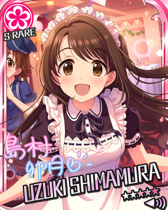 blush brown_eyes brown_hair character_name dress idolmaster idolmaster_cinderella_girls long_hair shimamura_uzuki smile stars