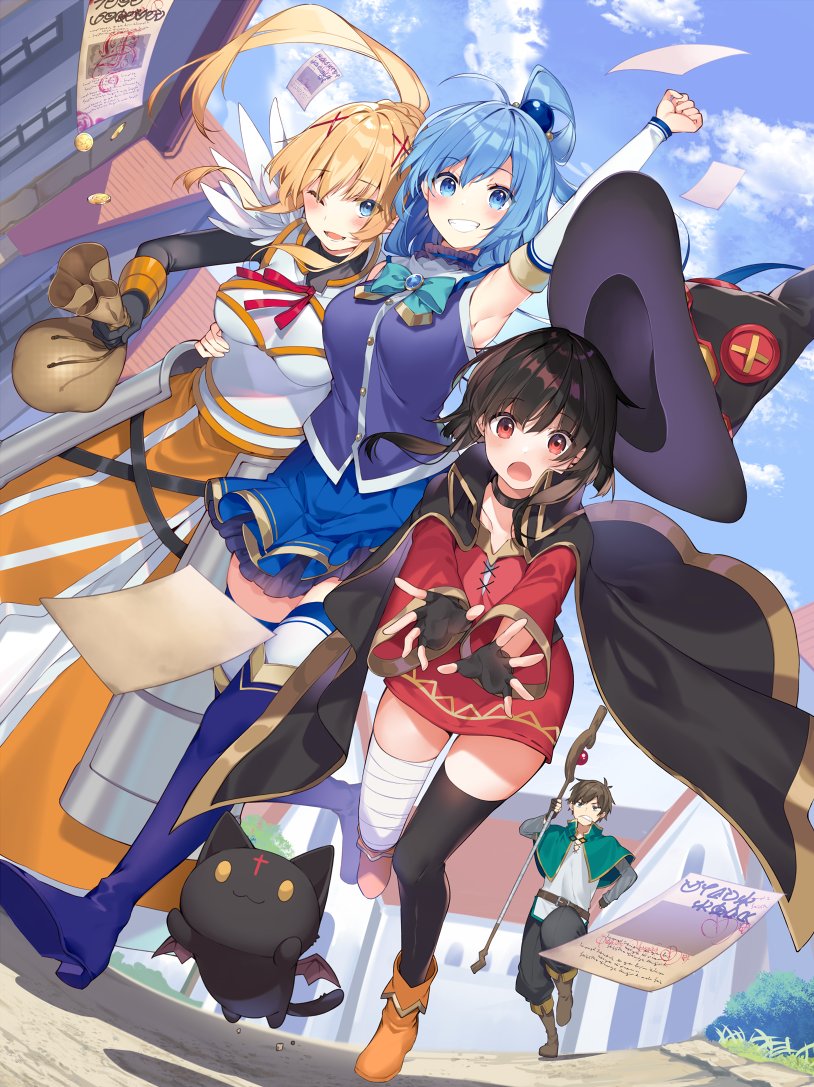 1boy 3girls aqua_(konosuba) armpits asymmetrical_legwear bandages black_gloves black_hair black_headwear black_legwear blonde_hair blue_eyes blue_footwear blue_hair boots brown_footwear cape choker commentary_request darkness_(konosuba) fingerless_gloves gloves grin hair_ornament hairclip hat knee_boots kono_subarashii_sekai_ni_shukufuku_wo! long_hair looking_at_viewer megumin mishima_kurone multiple_girls one_eye_closed open_mouth outdoors ponytail red_eyes satou_kazuma smile uneven_legwear white_legwear witch_hat