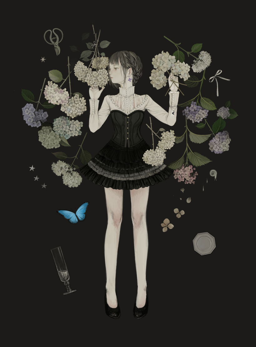 1girl black_dress black_hair blue_butterfly braid bug butterfly crown_braid dress flower hydrangea long_sleeves original short_dress