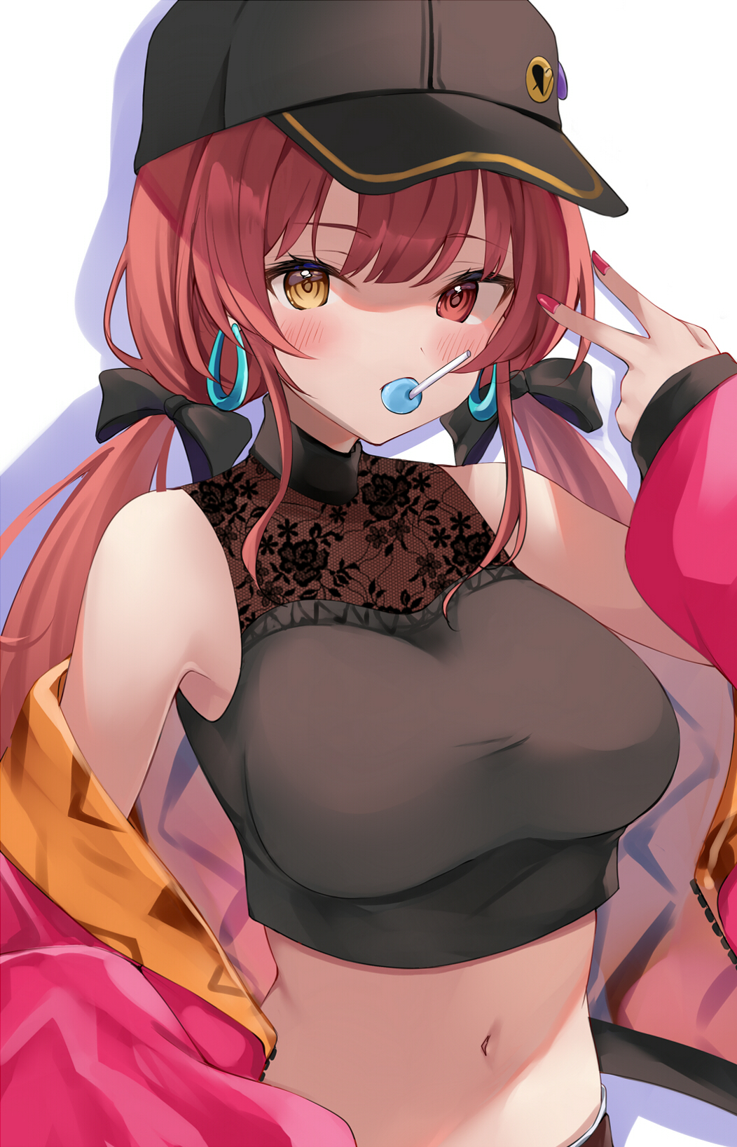 1girl armpits bare_shoulders baseball_cap black_headwear black_shirt bow breasts candy crop_top drop_shadow earrings food hair_bow hand_up hat highres hololive hoop_earrings houshou_marine jacket jewelry large_breasts lollipop long_hair long_sleeves looking_at_viewer low_twintails midriff mouth_hold nail_polish navel off_shoulder open_clothes open_jacket pink_jacket red_eyes redhead roriwanko see-through shirt simple_background sleeveless sleeveless_shirt solo stomach twintails upper_body v virtual_youtuber white_background yellow_eyes