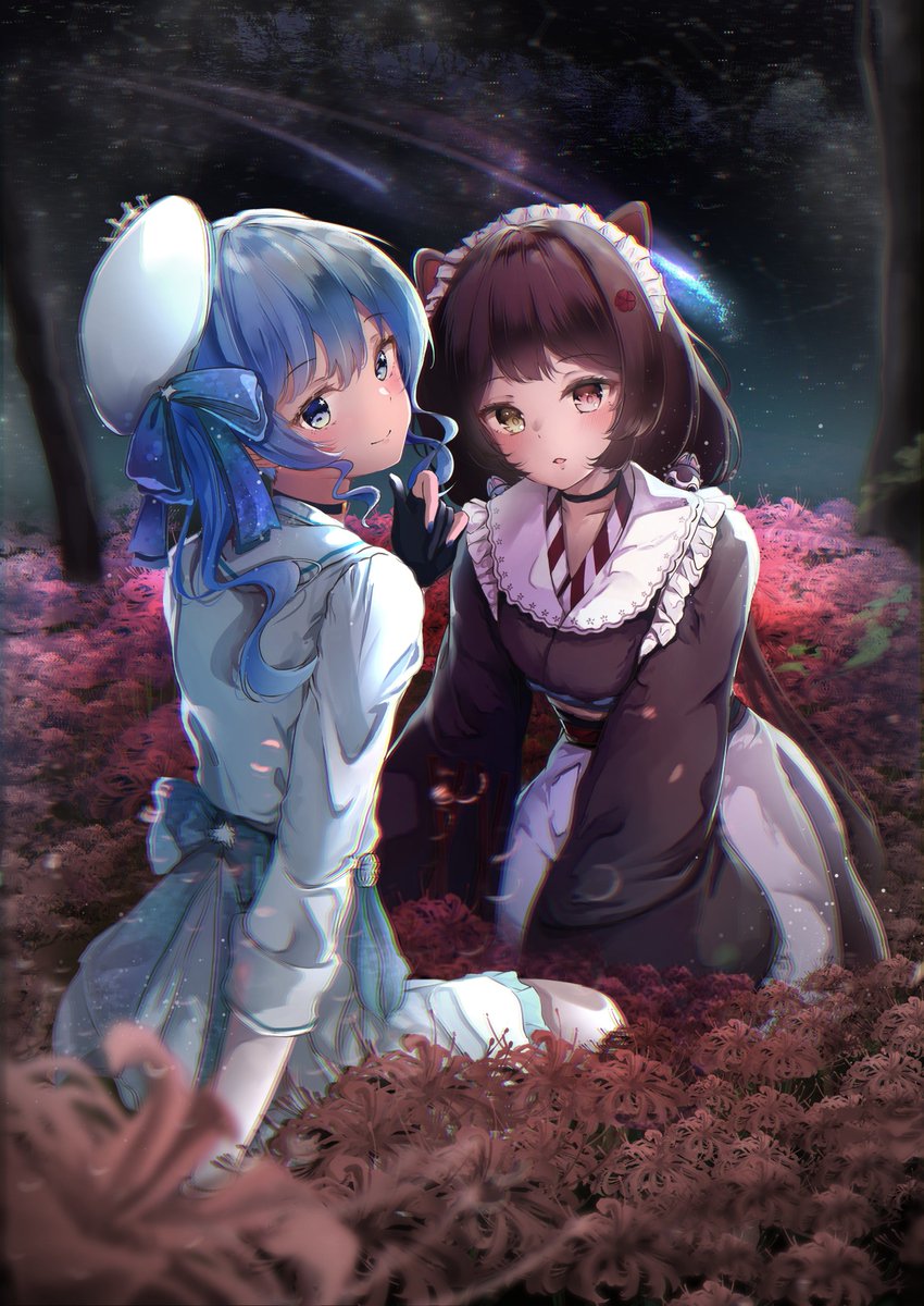 2girls animal_ears bangs beret blue_eyes blue_hair blush brown_hair choker closed_mouth dog_ears dog_girl flower hat highres hololive hoshimachi_suisei inui_toko japanese_clothes kimono long_hair low_twintails maid_headdress mika_uni multiple_girls nijisanji parted_lips spider_lily twintails virtual_youtuber wa_maid