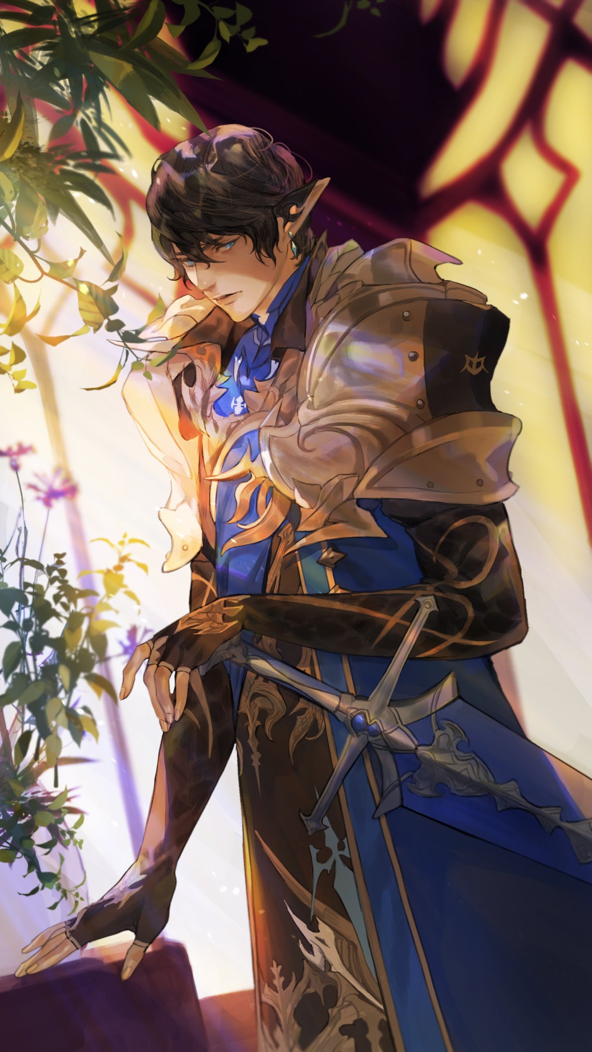 1boy armor aymeric_de_borel bangs black_gloves black_hair blue_cloak blue_eyes cloak commentary_request earclip earrings elbow_gloves elezen elf final_fantasy final_fantasy_xiv fingerless_gloves flower gloves hand_on_hilt hand_up highres jewelry jya korean_commentary leaf looking_to_the_side male_focus pauldrons plant pointy_ears short_hair shoulder_armor solo standing sword temple_knight_(final_fantasy_xiv) vase weapon