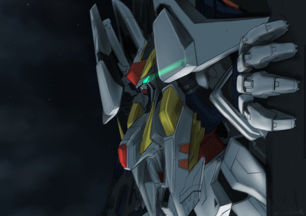 beam_rifle clouds cloudy_sky commentary_request energy_gun glowing glowing_eyes green_eyes gundam gundam_hathaway's_flash mecha mobile_suit night night_sky no_humans science_fiction sidehiwinder sky solo star_(sky) starry_sky upper_body v-fin weapon xi_gundam