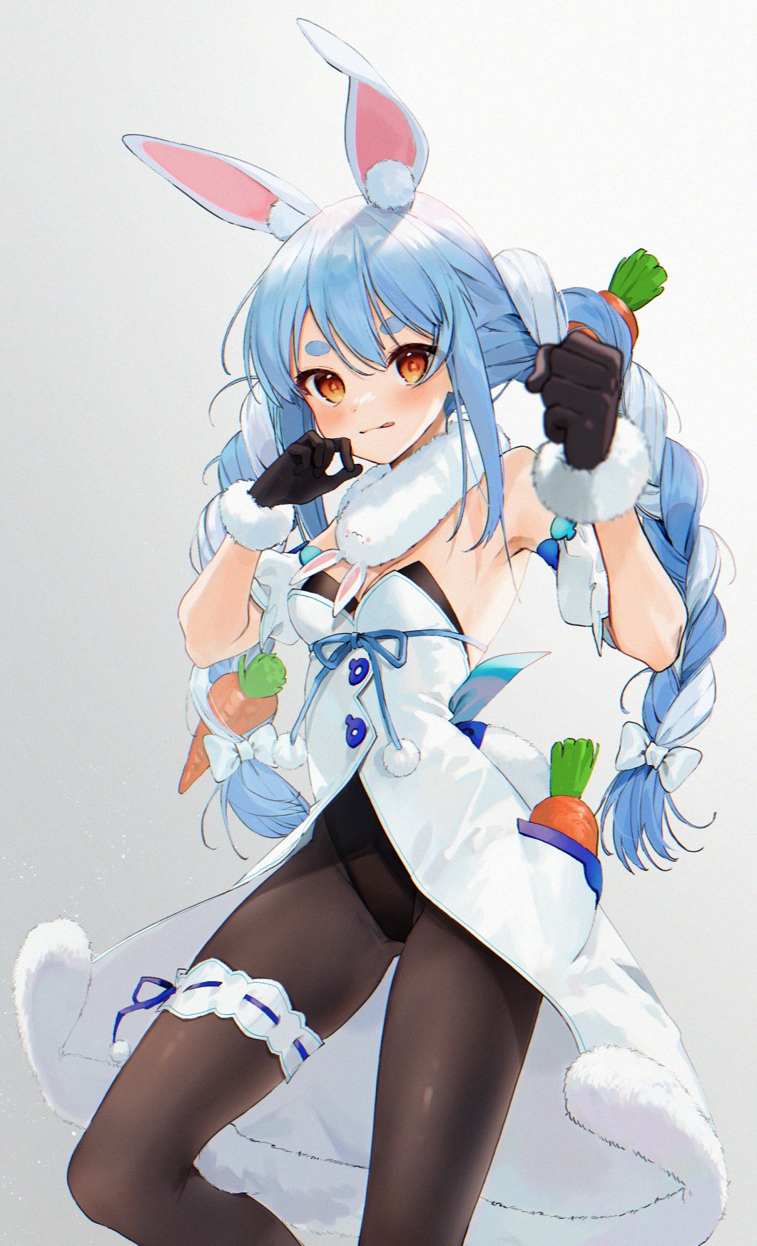 1girl animal_ear_fluff animal_ears bangs black_leotard blue_hair blush braid breasts brown_gloves brown_legwear carrot_hair_ornament commentary detached_sleeves don-chan_(usada_pekora) dress food-themed_hair_ornament fur_scarf gloves gotoh510 hair_ornament highres hololive leotard leotard_under_clothes long_hair looking_at_viewer pantyhose puffy_short_sleeves puffy_sleeves rabbit_ears red_eyes short_eyebrows short_sleeves simple_background small_breasts solo strapless strapless_dress symbol-only_commentary thick_eyebrows thigh_strap tongue tongue_out twin_braids twintails usada_pekora very_long_hair virtual_youtuber white_dress white_hair