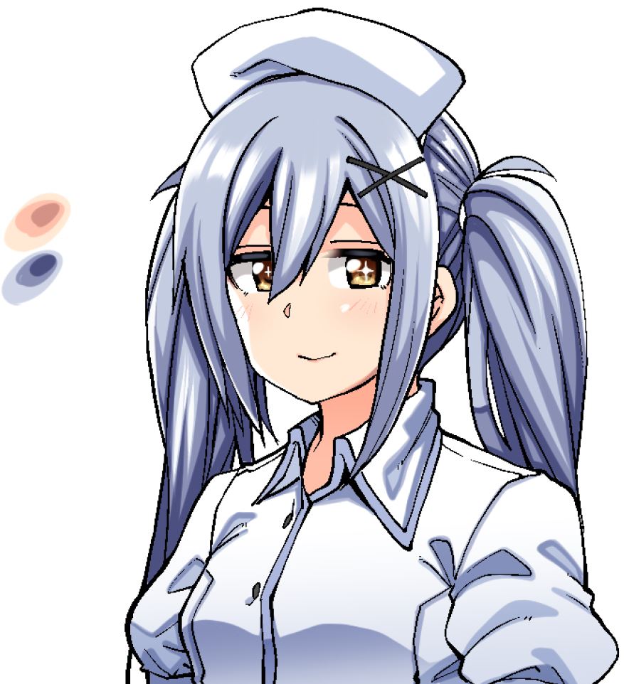 +_+ 1girl blue_hair borrowed_character breasts brown_eyes color_guide commentary_request eyebrows_behind_hair hair_ornament hat kaauchi long_hair nurse nurse_cap original puffy_sleeves small_breasts smile solo twintails upper_body x_hair_ornament