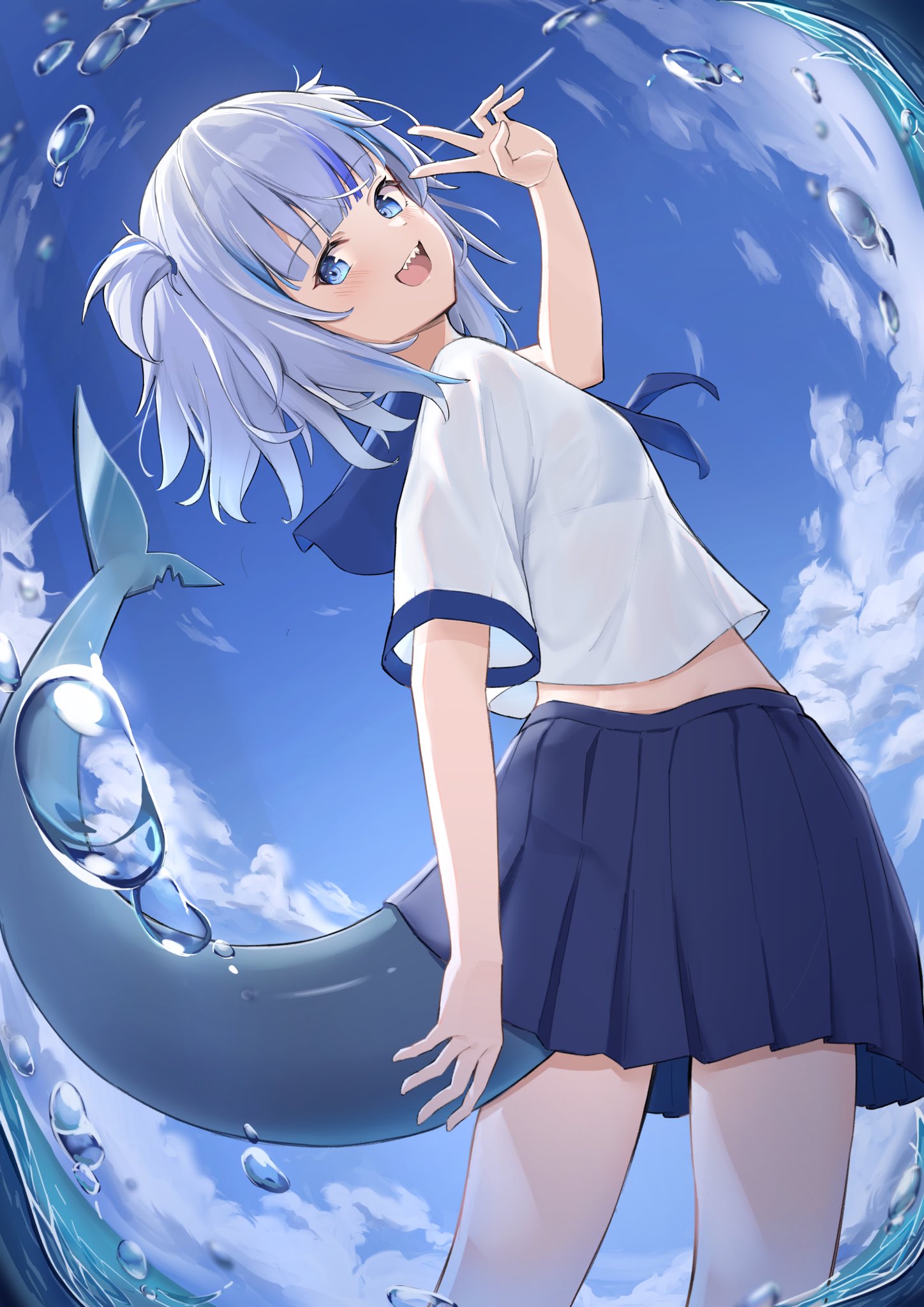 1girl :d arm_up bangs blue_eyes blue_hair blue_skirt blue_sky blush bubble cidersour clouds commentary_request cowboy_shot day eyebrows_visible_through_hair fish_tail gawr_gura highres hololive hololive_english long_hair looking_back multicolored_hair outdoors pleated_skirt shark_tail sharp_teeth shirt short_sleeves silver_hair skirt sky smile solo standing streaked_hair tail teeth two_side_up upper_teeth v virtual_youtuber wading water white_shirt