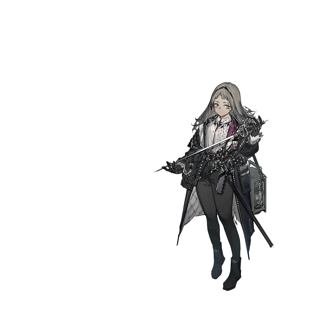 1girl arknights azling black_footwear black_gloves black_hairband black_jacket black_pants elini_(arknights) full_body gloves grey_eyes grey_hair grey_shirt hairband hand_up holding holding_sword holding_weapon jacket leggings long_hair long_sleeves looking_at_viewer official_art pants rapier scabbard sheath shirt shoes solo standing sword transparent_background weapon