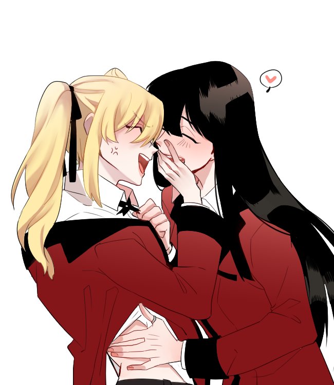 2girls anger_vein black_hair blonde_hair closed_eyes commentary_request covering_mouth eyebrows_visible_through_hair hand_over_another's_mouth happy heart hyakkaou_academy_uniform jabami_yumeko jewelry kakegurui long_hair medium_hair mmotu_123 multiple_girls open_mouth ring saotome_meari simple_background spoken_heart teeth upper_teeth white_background yuri