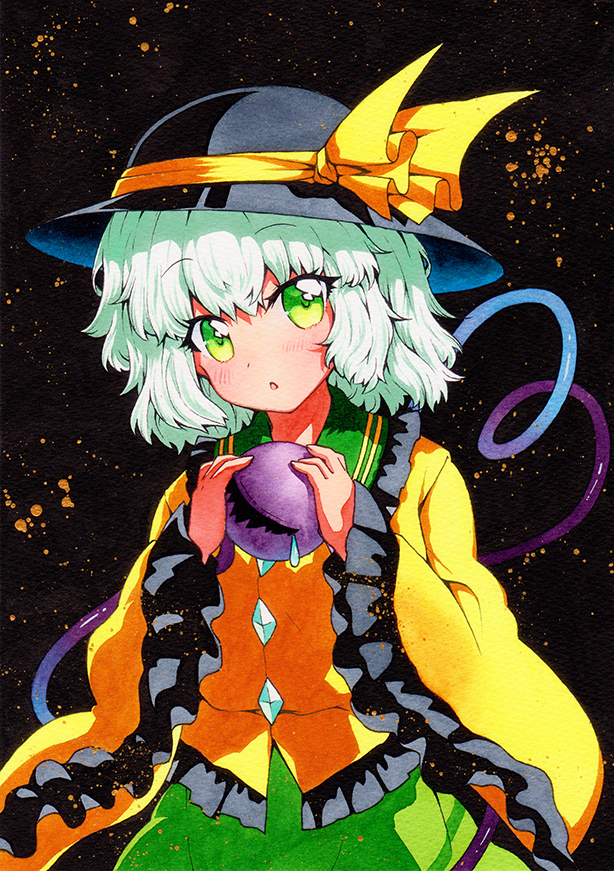 1girl :o black_background black_headwear blouse cowboy_shot dark_background eyebrows_visible_through_hair frilled_sleeves frills green_eyes green_skirt hat hat_ribbon holding komeiji_koishi light_green_hair long_sleeves looking_at_viewer open_mouth qqqrinkappp ribbon skirt solo third_eye touhou traditional_media wide_sleeves yellow_blouse yellow_ribbon