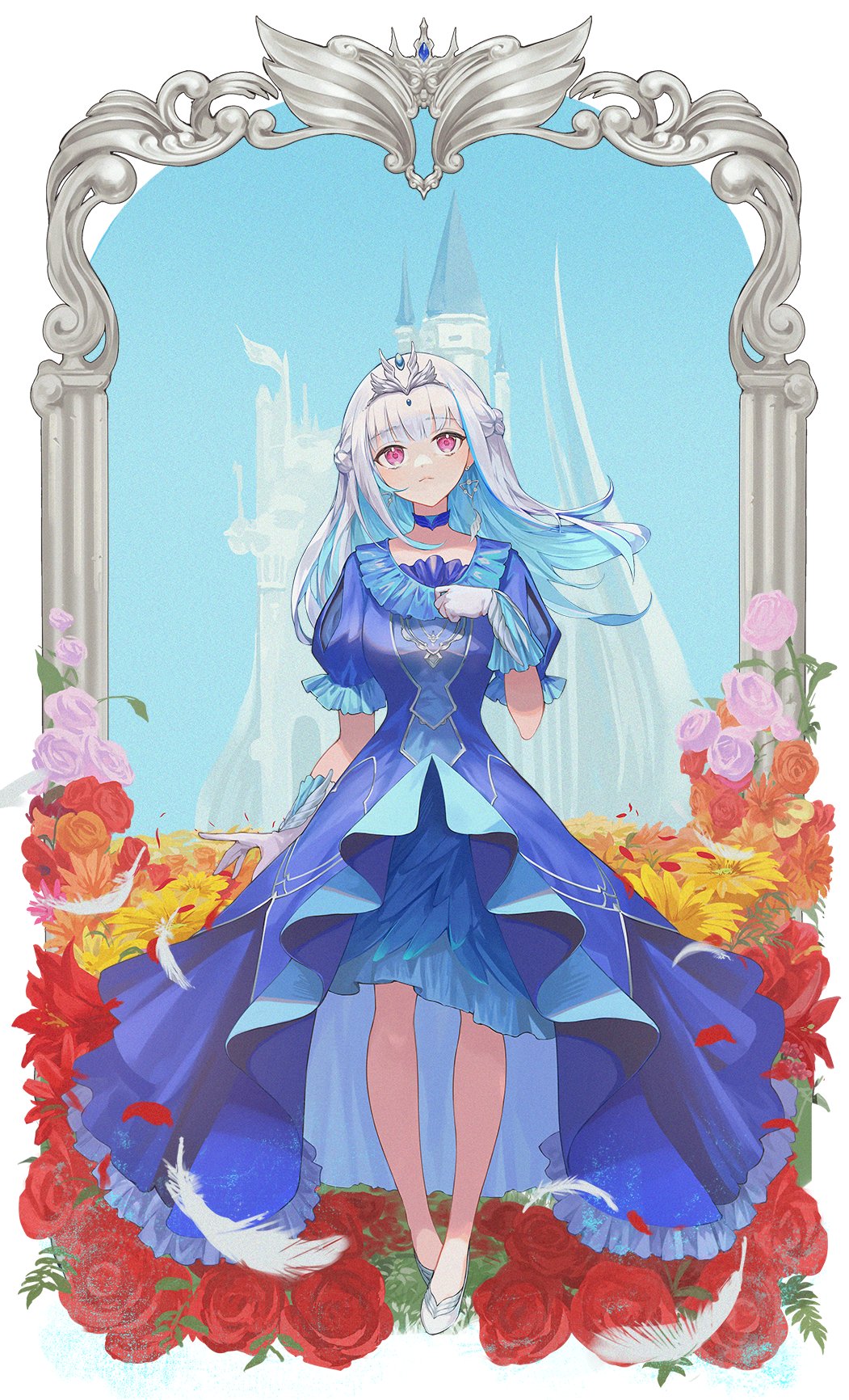 1girl bangs blue_dress blue_hair castle colored_inner_hair dress earrings eyebrows_visible_through_hair flower gloves hand_on_own_chest head_tilt highres jewelry lize_helesta looking_at_viewer multicolored_hair nijisanji onecoid princess purple_flower purple_rose red_flower red_rose rose silver_hair solo tiara triangle_earrings violet_eyes virtual_youtuber white_footwear white_gloves yellow_flower