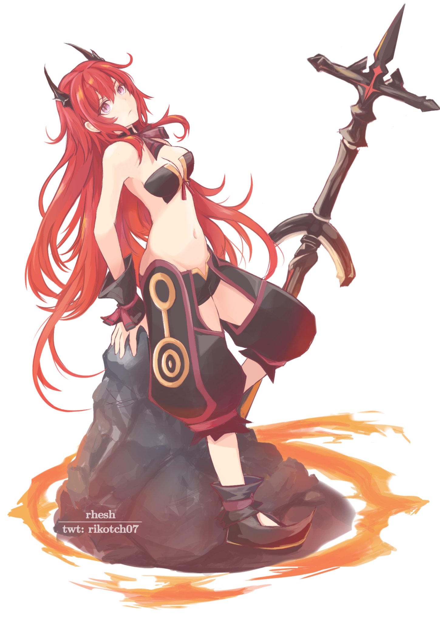 1girl alternate_costume arknights commentary demon_girl highres horns long_hair midriff redhead rhesh_relanah simple_background slit_pupils solo surtr_(arknights) sword violet_eyes weapon white_background