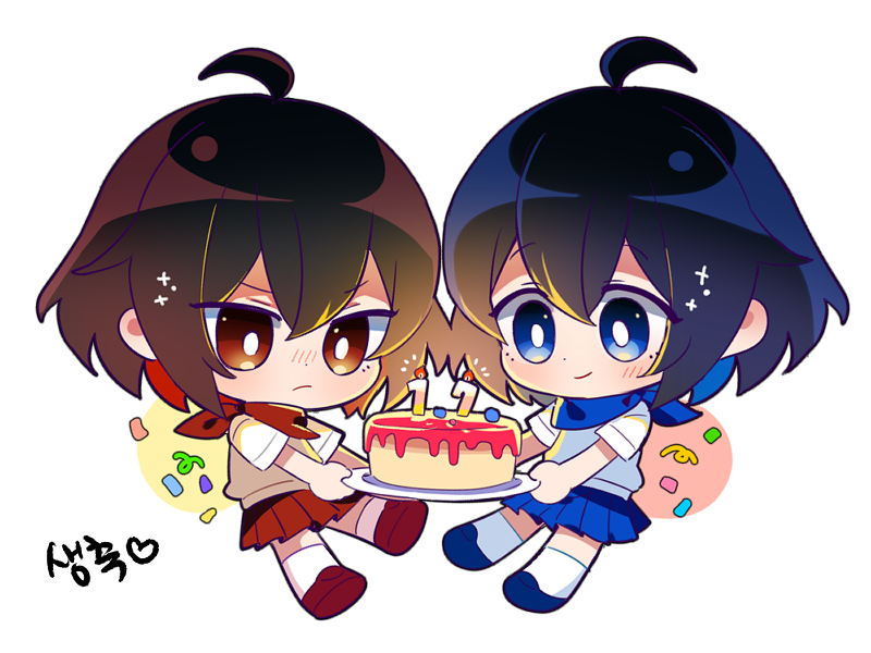 2girls 6_(yuchae) bangs birthday_cake blue_eyes blue_footwear blue_hair blue_neckwear blue_skirt blue_vest brown_vest cake chibi closed_mouth dual_persona food holding holding_plate honkai_(series) honkai_impact_3rd looking_at_food multiple_girls plate red_eyes red_footwear red_neckwear red_skirt redhead scarf seele_(alter_ego) seele_vollerei shirt short_hair short_sleeves simple_background skirt smile vest white_background white_legwear white_shirt