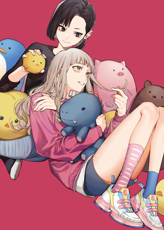 bangs black_hair blonde_hair brown_eyes hug long_hair looking_at_another looking_up original shoes smile sneakers stuffed_animal stuffed_toy taaro_(heather789262) yuri