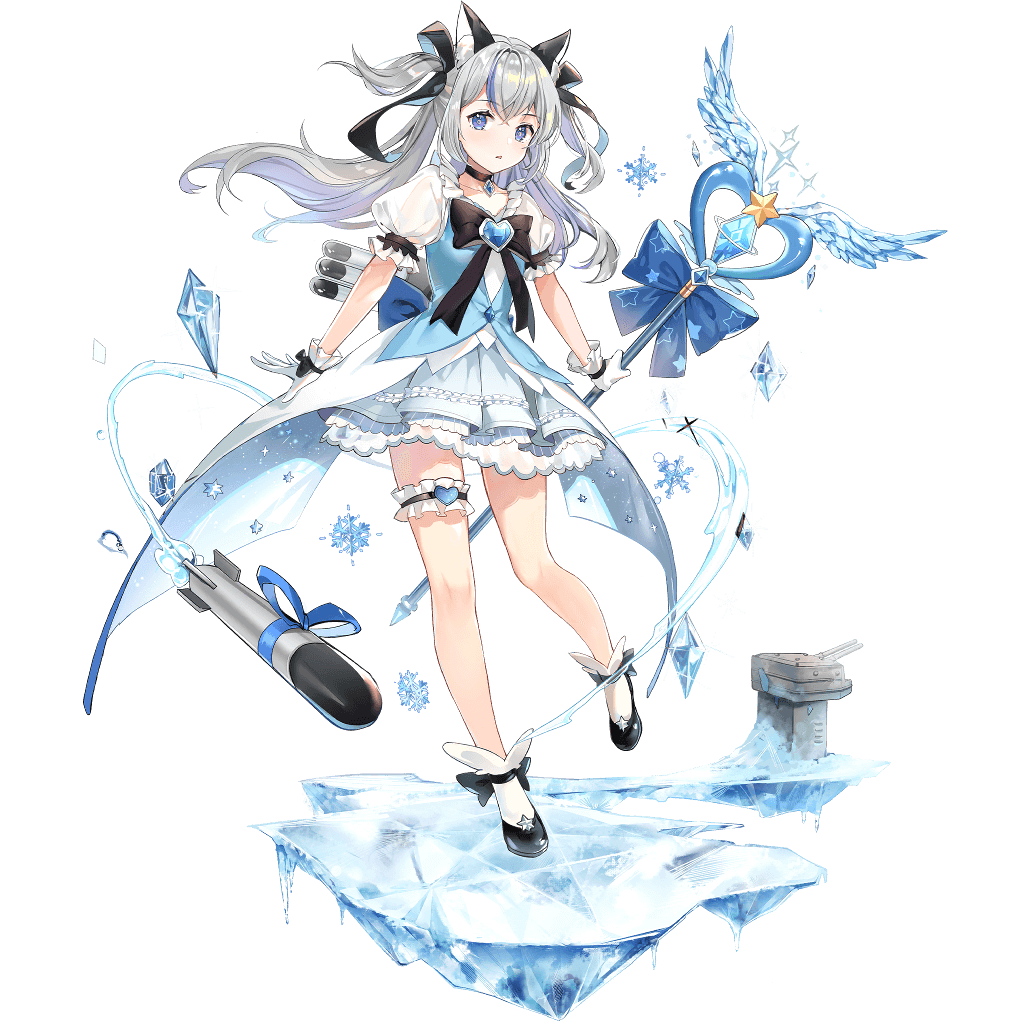 1girl animal_ear_fluff animal_ears ayanami_(black_surge_night) bangs black_bow black_choker black_surge_night blue_eyes blue_hair bow choker dress eyebrows_visible_through_hair garters gloves grey_hair hair_ribbon ice leg_garter long_hair magical_girl multicolored_hair official_art parted_lips puffy_short_sleeves puffy_sleeves rero_(bigdoorbig2) ribbon short_sleeves snowflakes solo sparkle star_(symbol) streaked_hair torpedo transparent_background twintails two_side_up wand white_gloves