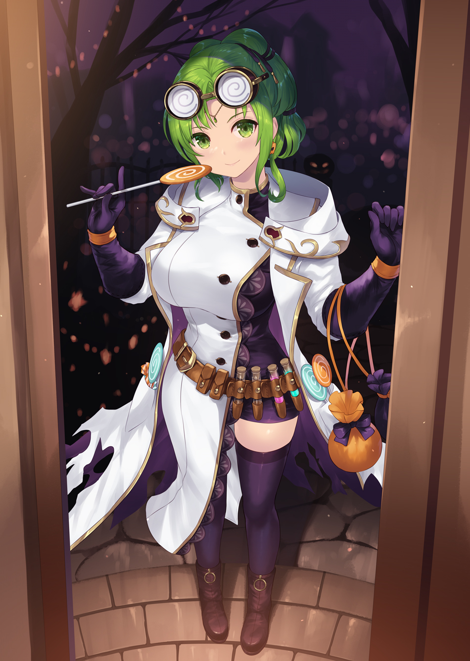 1girl alternate_costume bangs belt blush boots breasts brown_footwear cait_aron candy closed_mouth doorway dress earrings fire_emblem fire_emblem:_the_sacred_stones fire_emblem_heroes food full_body gloves goggles goggles_on_head green_eyes green_hair halloween halloween_costume highres jack-o'-lantern jack-o'-lantern_earrings jewelry l'arachel_(fire_emblem) large_breasts lollipop looking_at_viewer official_alternate_costume ponytail purple_dress purple_gloves purple_legwear skindentation smile solo standing test_tube thigh-highs zettai_ryouiki