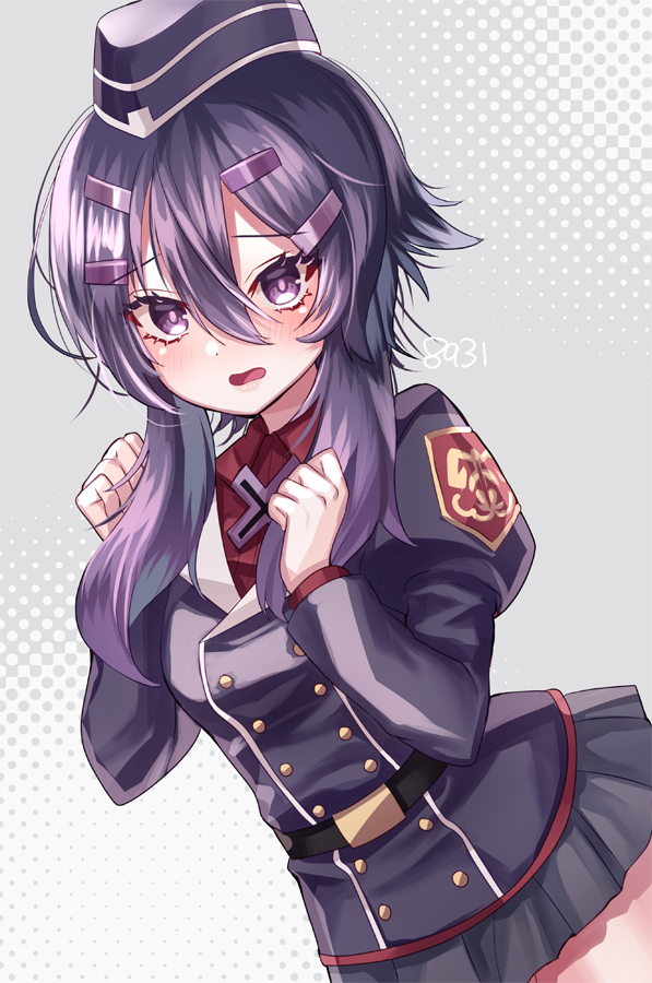 1girl belt blue_archive blush commentary_request hair_between_eyes hair_ornament hairclip hakusai_ponzu haruka_(blue_archive) hat military military_hat military_uniform open_mouth purple_hair short_hair_with_long_locks simple_background smile solo uniform violet_eyes