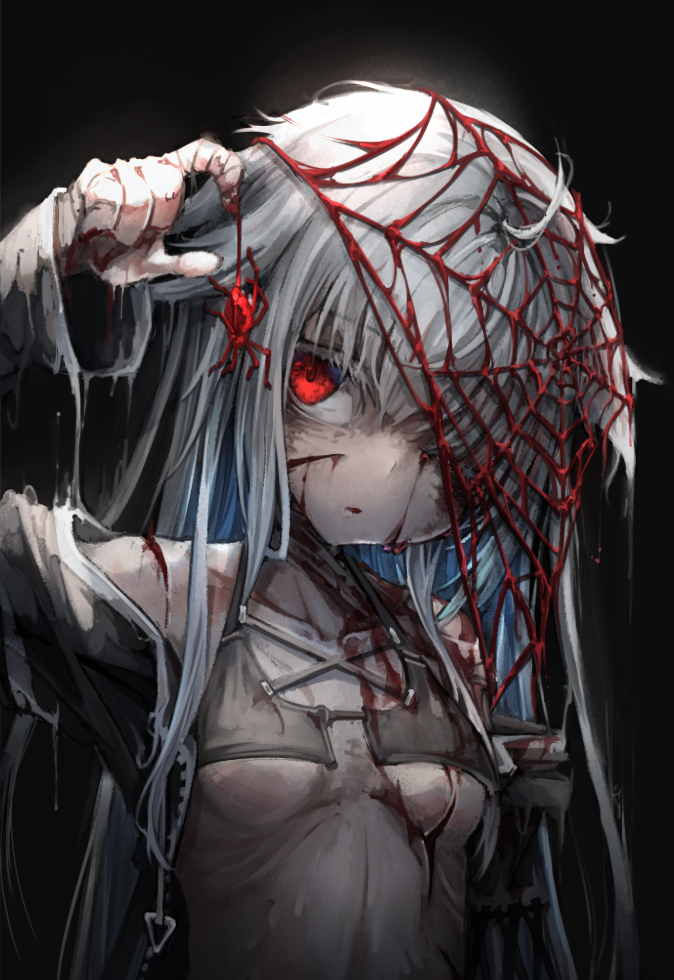1girl bangs blood breasts bug hair_over_one_eye injury jacket kajaneko long_hair open_clothes open_jacket original red_eyes silk small_breasts solo spider spider_web upper_body white_hair