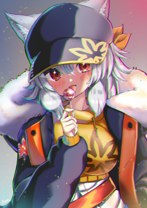 1girl animal_ears blush breasts candy casual ears_through_headwear food fur fur-trimmed_jacket fur_trim hat inubashiri_momiji jacket large_breasts licking lollipop looking_at_viewer onomiya open_mouth red_eyes short_hair silver_hair solo tagme touhou wolf_ears