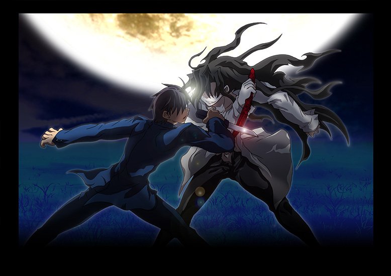 2boys battle black_hair fighting holding holding_knife holding_weapon knife long_hair long_sleeves michael_roa_valdamjong multiple_boys open_clothes open_shirt school_uniform short_hair smile tententensan tohno_shiki tsukihime weapon