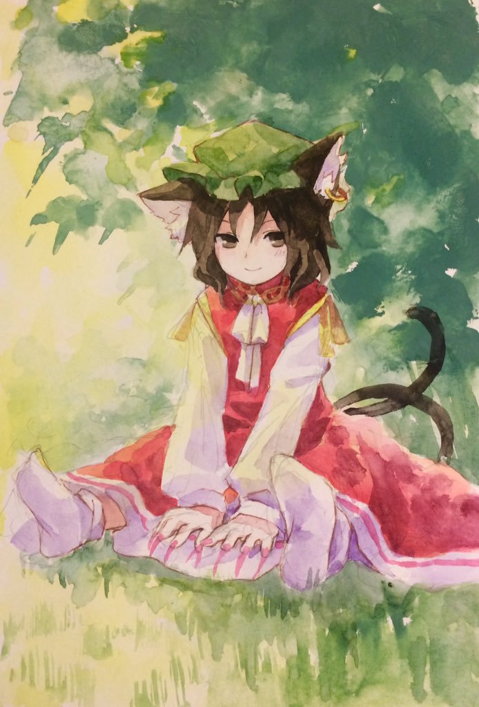 1girl animal_ears between_legs brown_eyes brown_hair cat_ears cat_tail chen dress earrings fingernails full_body grass half-closed_eyes hand_between_legs hat jewelry kaigen_1025 long_fingernails long_sleeves looking_at_viewer mob_cap multiple_tails no_shoes outdoors puffy_sleeves short_hair sitting smile socks solo spread_legs tail touhou white_legwear