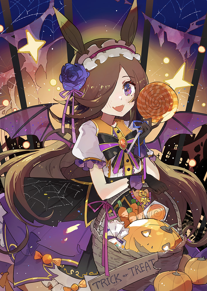 1girl :d animal_ears bangs basket black_bow black_skirt bow brooch brown_hair candy center_frills collared_shirt commentary_request demon_wings eyebrows_visible_through_hair fangs food frills hair_over_one_eye halloween holding holding_candy holding_food holding_lollipop horse_ears jack-o'-lantern jewelry lollipop long_hair looking_at_viewer make_up_in_halloween!_(umamusume) puffy_short_sleeves puffy_sleeves purple_wings rice_shower_(umamusume) shadowsinking shirt short_sleeves skirt smile solo sparkle striped striped_bow swirl_lollipop umamusume very_long_hair violet_eyes white_shirt wings