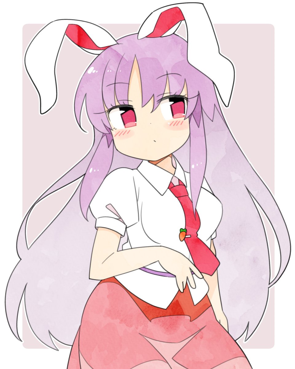 1girl animal_ears bangs border brown_background carrot_pin closed_mouth collared_shirt cowboy_shot eyebrows_visible_through_hair highres ini_(inunabe00) long_hair looking_at_viewer necktie pink_skirt puffy_short_sleeves puffy_sleeves purple_hair rabbit_ears red_eyes red_neckwear reisen_udongein_inaba shirt short_sleeves simple_background skirt solo standing touhou white_border white_shirt