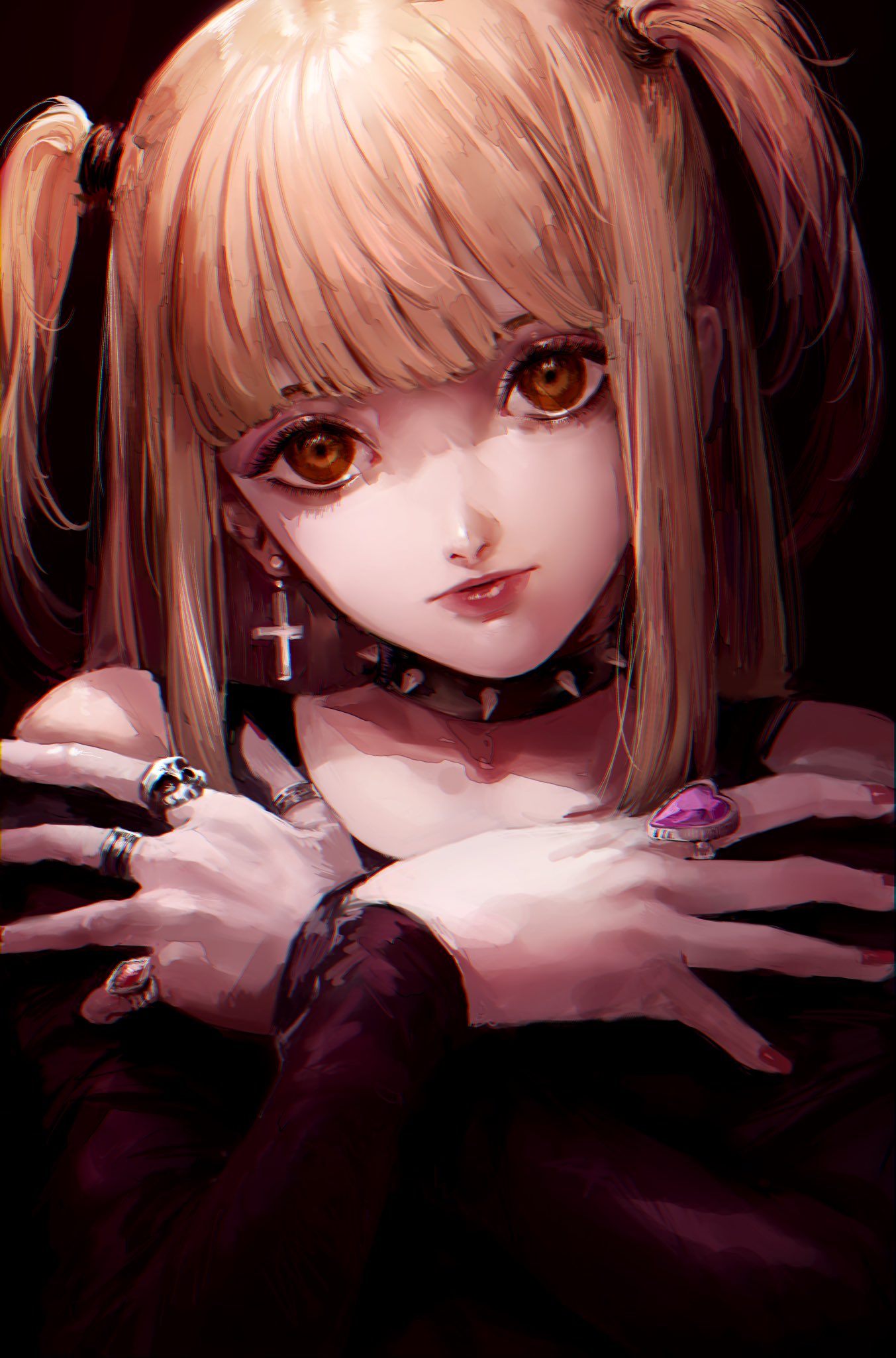 1girl amane_misa bangs black_background black_collar black_shirt blonde_hair blunt_bangs brown_eyes collar collarbone commentary death_note hands_on_own_chest hands_up highres jewelry looking_at_viewer medium_hair misogu-san nail_polish off_shoulder red_nails ring shirt skull_ring solo spiked_collar spikes two_side_up upper_body