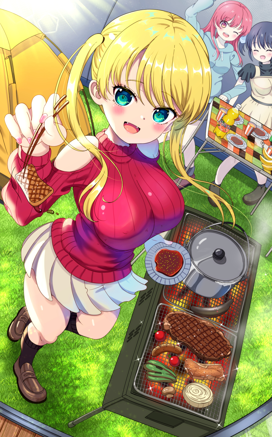 3girls azumi_(mocha) bangs bare_shoulders black_legwear blonde_hair blue_hair blush breasts brown_footwear camping chopsticks closed_eyes cooking covered_nipples fangs feeding food from_above grass green_eyes grilling halterneck highres holding holding_chopsticks hood hoodie hoshizaki_rika_(kanojo_mo_kanojo) impossible_clothes impossible_sweater kanojo_mo_kanojo kneehighs large_breasts long_hair long_sleeves looking_at_viewer meat minase_nagisa miniskirt multiple_girls nail_polish off-shoulder_sweater off_shoulder one_eye_closed open_mouth pink_eyes pink_hair pink_nails pleated_skirt red_sweater ribbed_sweater saki_saki_(kanojo_mo_kanojo) school_uniform skirt smile solo_focus steak sweater swept_bangs tent thighs tsurime twintails uniform white_skirt