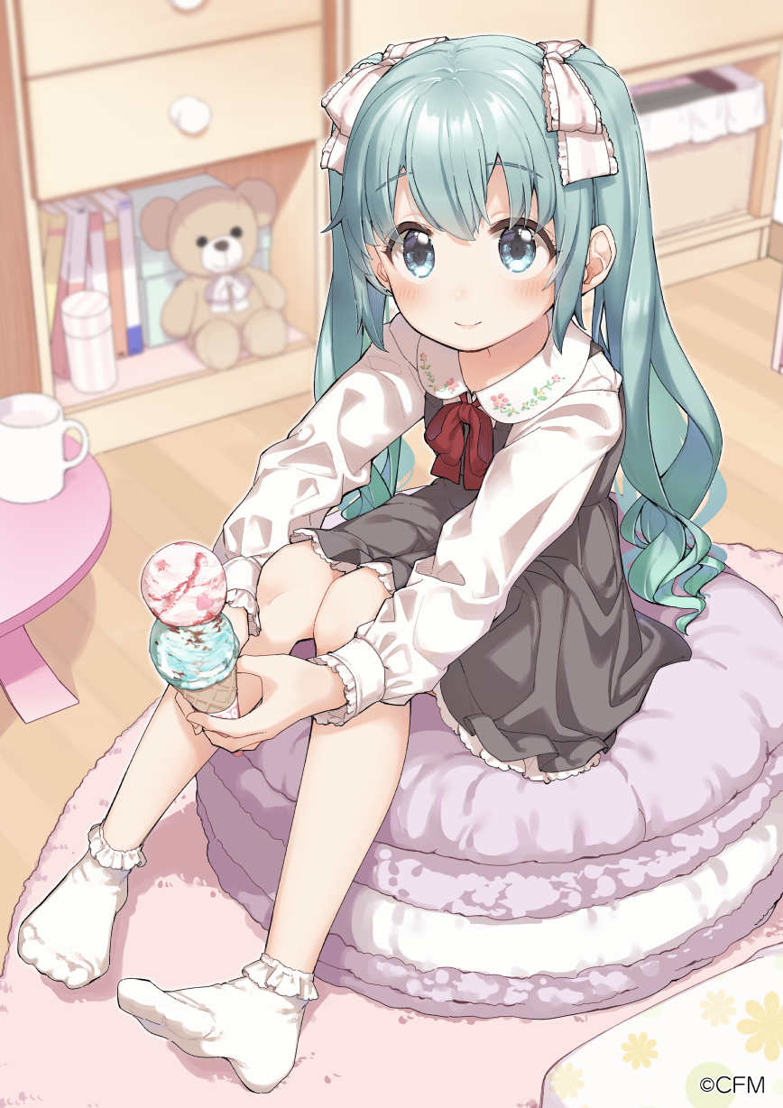 1girl aqua_hair bangs black_dress blue_eyes bow collared_shirt commentary_request cup double_scoop dress eyebrows_visible_through_hair food frilled_bow frilled_legwear frills full_body hair_between_eyes hair_bow hatsune_miku highres holding holding_food ice_cream ice_cream_cone indoors knees_up long_hair mug no_shoes red_bow shirt sitting sleeveless sleeveless_dress socks solo stuffed_animal stuffed_toy table teddy_bear twintails twitter_username very_long_hair vocaloid white_bow white_legwear white_shirt yukie_(kusaka_shi)