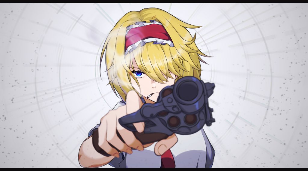 1girl aiming_at_viewer alice_margatroid bangs blonde_hair blue_eyes capelet cigarette closed_mouth commentary cookie_(touhou) english_commentary frilled_hairband frills gun hair_between_eyes hair_over_one_eye hairband handgun holding holding_gun holding_weapon jigen_(cookie) looking_at_viewer nanariku red_hairband red_necktie revolver second-party_source short_hair smoking solo touhou upper_body weapon white_capelet