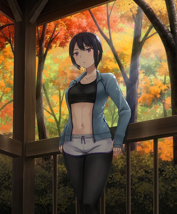 1girl :o autumn bangs black_hair black_legwear black_sports_bra blue_jacket breasts collarbone commentary_request cowboy_shot dolphin_shorts eyebrows_visible_through_hair hair_between_eyes hashi jacket leaning_on_rail leggings legwear_under_shorts medium_breasts midriff navel open_clothes open_jacket original partial_commentary railing short_hair short_shorts shorts sidelocks sleeves_past_wrists solo sports_bra standing sweat tomboy toned track_jacket tree violet_eyes white_shorts zipper zipper_pull_tab