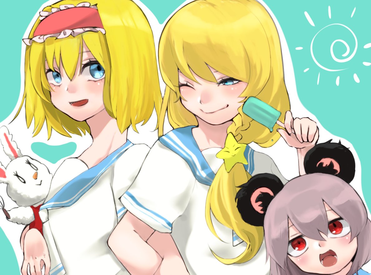 3girls alice_margatroid animal_ears bangs blonde_hair blue_background blue_eyes braid closed_mouth commentary_request cookie_(touhou) cowboy_shot dare_who_zzzz food frilled_hairband frills hair_ornament hairband ichigo_(cookie) kirisame_marisa locked_arms long_hair looking_at_viewer looking_to_the_side mouse_ears mouse_girl multiple_girls nazrin nyon_(cookie) one_eye_closed open_mouth popsicle red_eyes red_hairband school_uniform serafuku short_hair short_sleeves side_braid single_braid smile star_(symbol) star_hair_ornament stuffed_animal stuffed_bunny stuffed_toy suzu_(cookie) touhou unusually_open_eyes white_serafuku