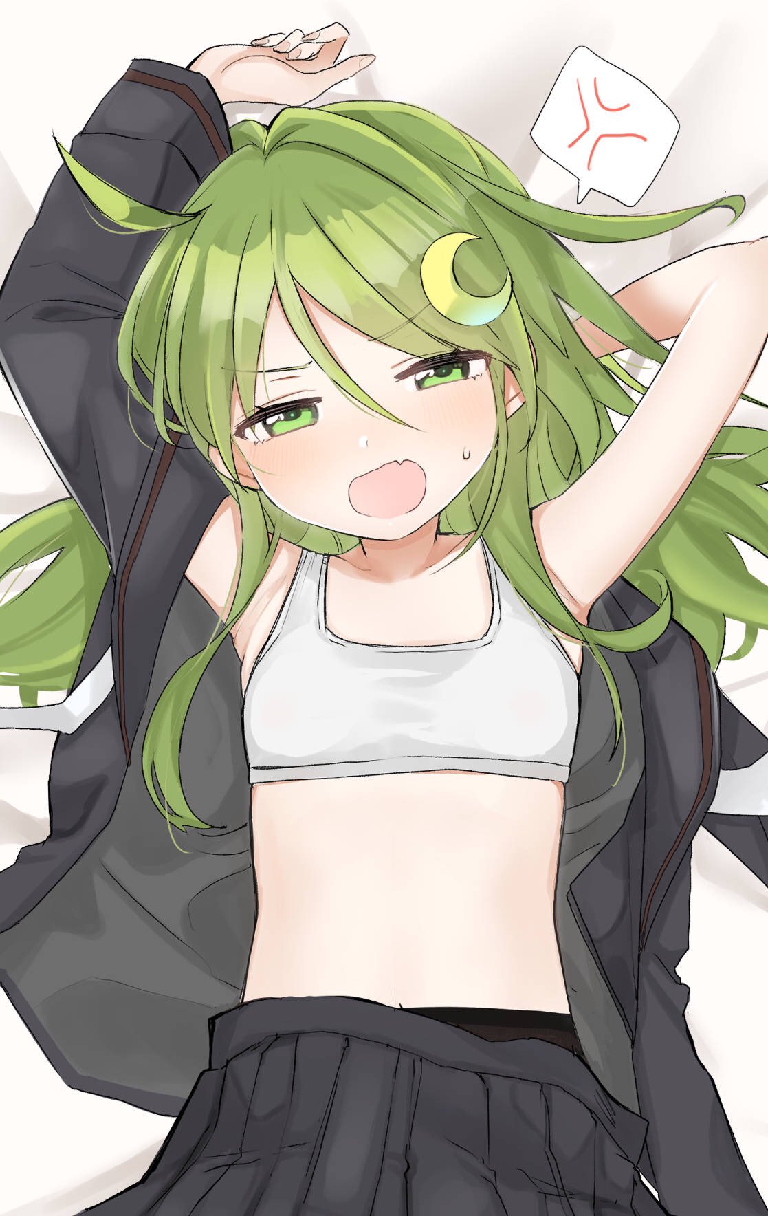 1girl ahoge anger_vein arms_behind_head black_skirt blush commentary_request crescent crescent_hair_ornament emirio_(emirio110) fang flat_chest from_above green_eyes green_hair hair_ornament half-closed_eyes highres kantai_collection long_hair long_sleeves looking_at_viewer lying nagatsuki_(kancolle) on_back on_bed open_clothes open_mouth pleated_skirt school_uniform skin_fang skirt solo speech_bubble spoken_anger_vein sports_bra upper_body