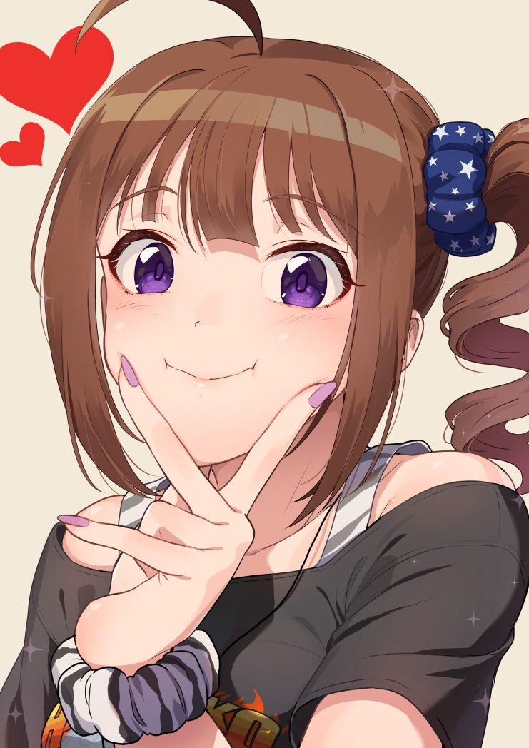 1girl :i ahoge bangs black_shirt blunt_bangs brown_hair collarbone hair_ornament hair_scrunchie heart heart_print idolmaster idolmaster_million_live! idolmaster_million_live!_theater_days kamille_(vcx68) looking_at_viewer nail_polish print_shirt scrunchie shirt side_ponytail sidelocks simple_background smile solo upper_body v v_over_mouth violet_eyes wavy_hair wrist_scrunchie yokoyama_nao