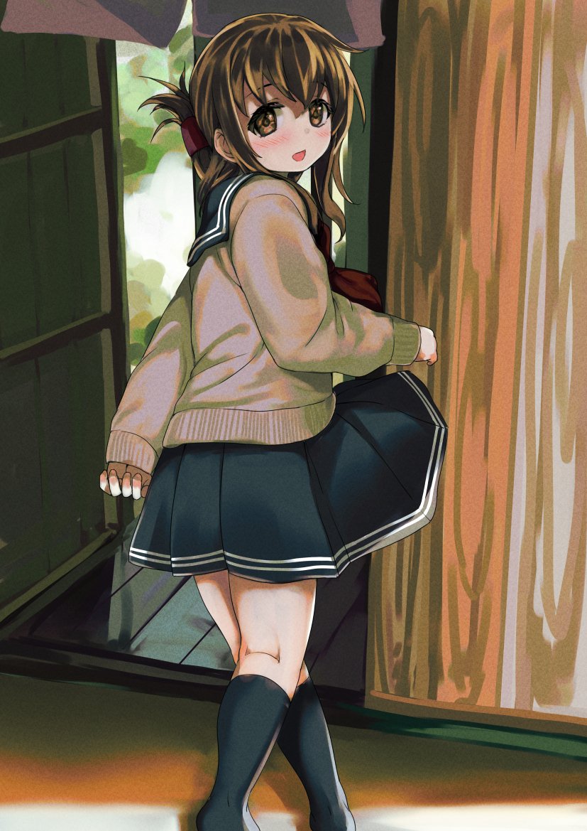 1girl black_legwear black_sailor_collar black_skirt brown_eyes brown_hair brown_sweater commentary_request feet_out_of_frame folded_ponytail from_behind inazuma_(kancolle) kantai_collection kneehighs long_hair looking_at_viewer looking_back neckerchief nukoyarou pleated_skirt red_neckwear sailor_collar school_uniform serafuku skirt solo sweater