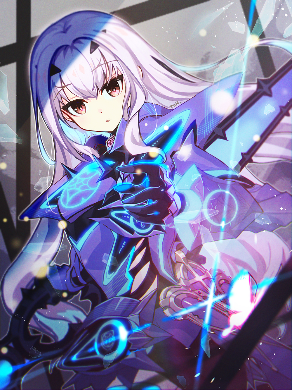 1girl armor armored_dress bangs blue_armor blue_dress blue_legwear breastplate breasts brown_eyes dress fairy_knight_lancelot_(fate) fate/grand_order fate_(series) faulds highres long_hair looking_at_viewer parted_lips pauldrons ripodpotato short_dress shoulder_armor sidelocks small_breasts solo thighs weapon white_hair