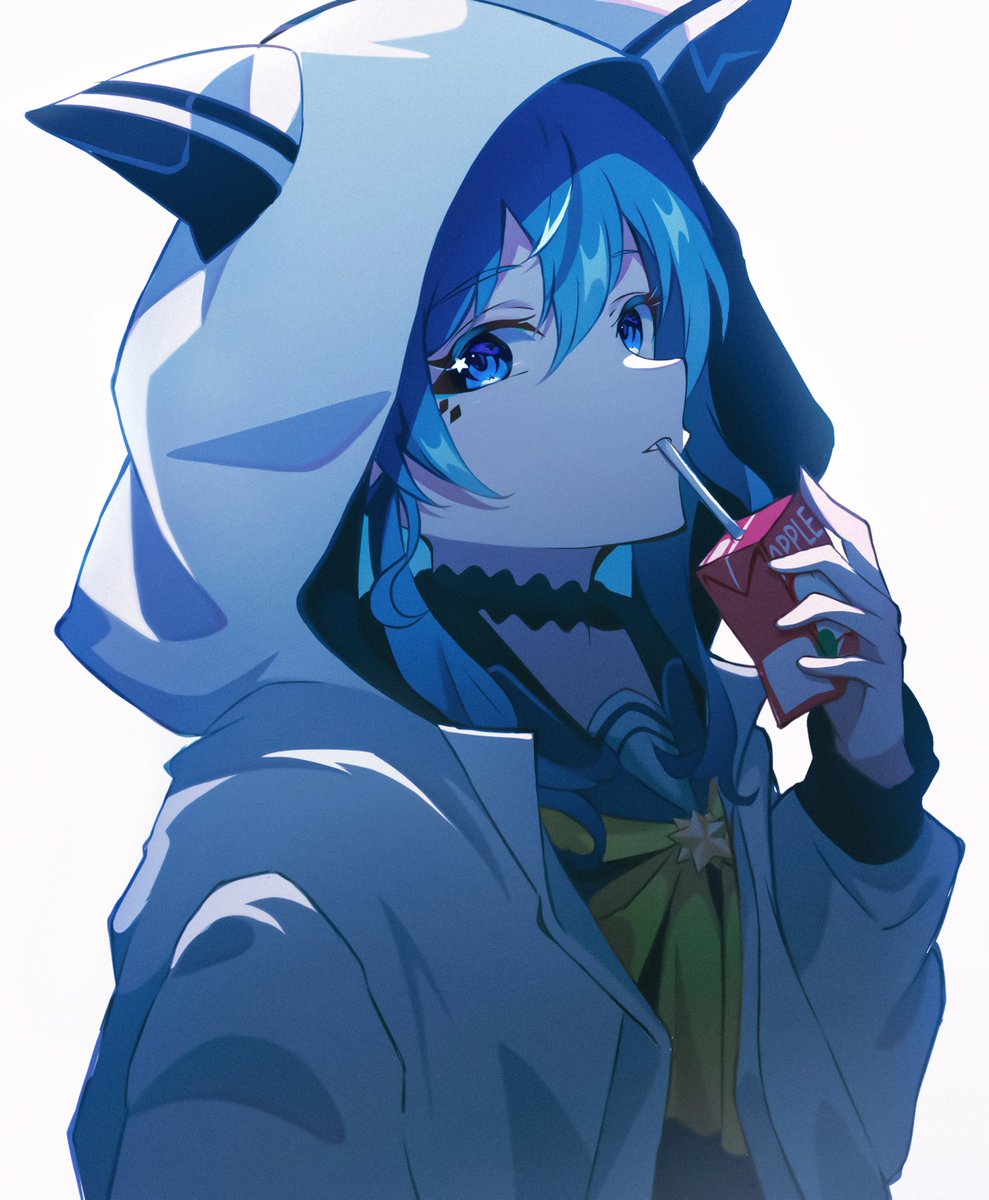 1girl animal_hood apple_juice bangs black_choker blue_eyes blue_hair box choker drinking drinking_straw_in_mouth eyebrows_visible_through_hair hair_between_eyes highres holding holding_box hololive hood hood_up hooded_jacket hoshimachi_suisei jacket juice_box long_hair long_sleeves looking_at_viewer open_clothes open_jacket parted_lips pension_z sideways_glance simple_background solo star_(symbol) star_in_eye symbol_in_eye upper_body virtual_youtuber white_background white_jacket