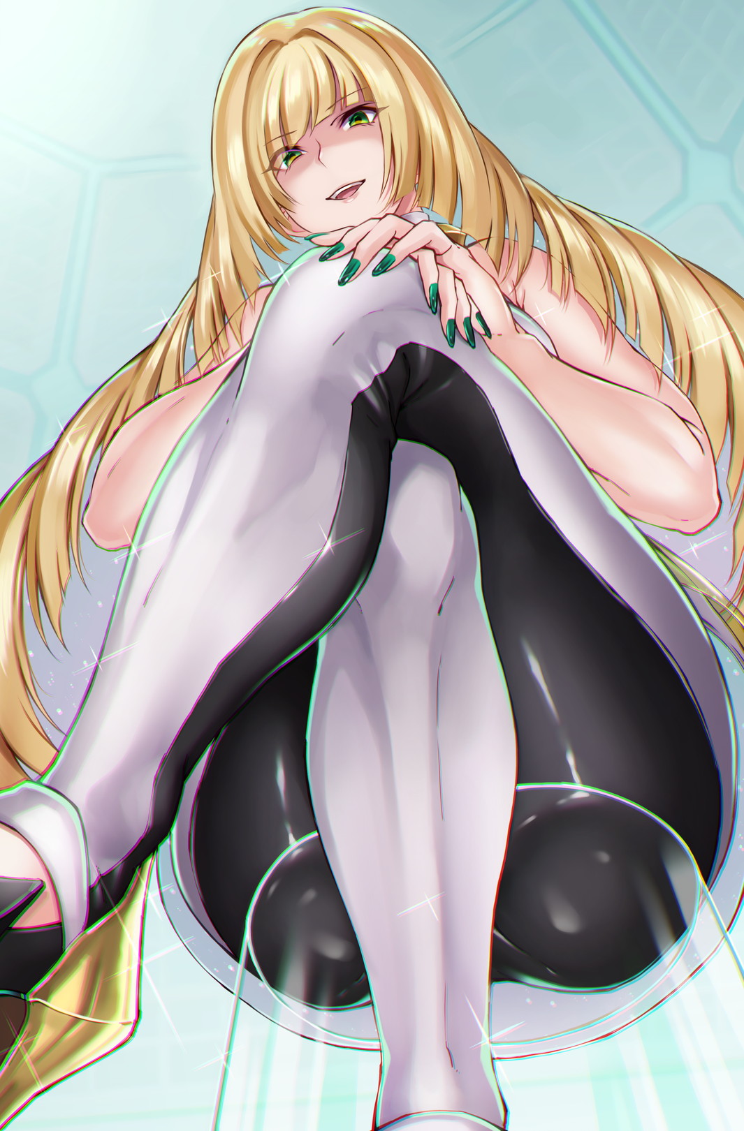 1girl ass bangs bare_shoulders blonde_hair blush commentary_request crossed_legs dress eyebrows_visible_through_hair eyes_visible_through_hair from_below glass_chair green_eyes green_nails hair_over_one_eye hands_on_own_knee highres hikari_(komitiookami) legs long_hair looking_at_viewer looking_down lusamine_(pokemon) nail_polish open_mouth own_hands_together pokemon pokemon_(game) pokemon_sm revision short_dress sitting smile solo teeth thighs transparent_seat upper_teeth very_long_hair white_dress