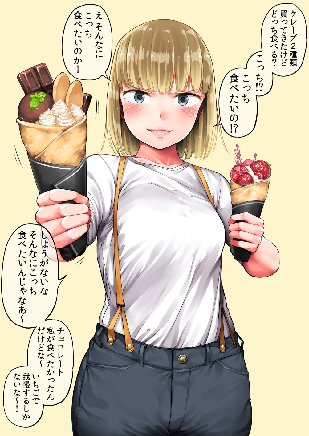! 1girl bangs blonde_hair blue_eyes blunt_bangs candy character_request chocolate chocolate_bar commentary_request copyright_request cowboy_shot cream crepe dot_nose food fruit highres kumaneko solo spoken_exclamation_mark straight-on straight_hair strawberry talking translation_request