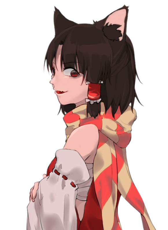 1girl animal_ear_fluff animal_ears bangs benikurage_(cookie) breasts brown_hair cat_ears commentary_request cookie_(touhou) crossed_arms dare_who_zzzz detached_sleeves eyebrows_visible_through_hair fangs frilled_hair_tubes frills hair_tubes hakurei_reimu kemonomimi_mode looking_at_viewer looking_to_the_side medium_breasts open_mouth orange_scarf parted_bangs red_eyes red_shirt ribbon-trimmed_sleeves ribbon_trim sarashi scarf shirt short_hair simple_background sleeveless sleeveless_shirt solo striped striped_scarf touhou upper_body white_background white_sleeves yellow_scarf