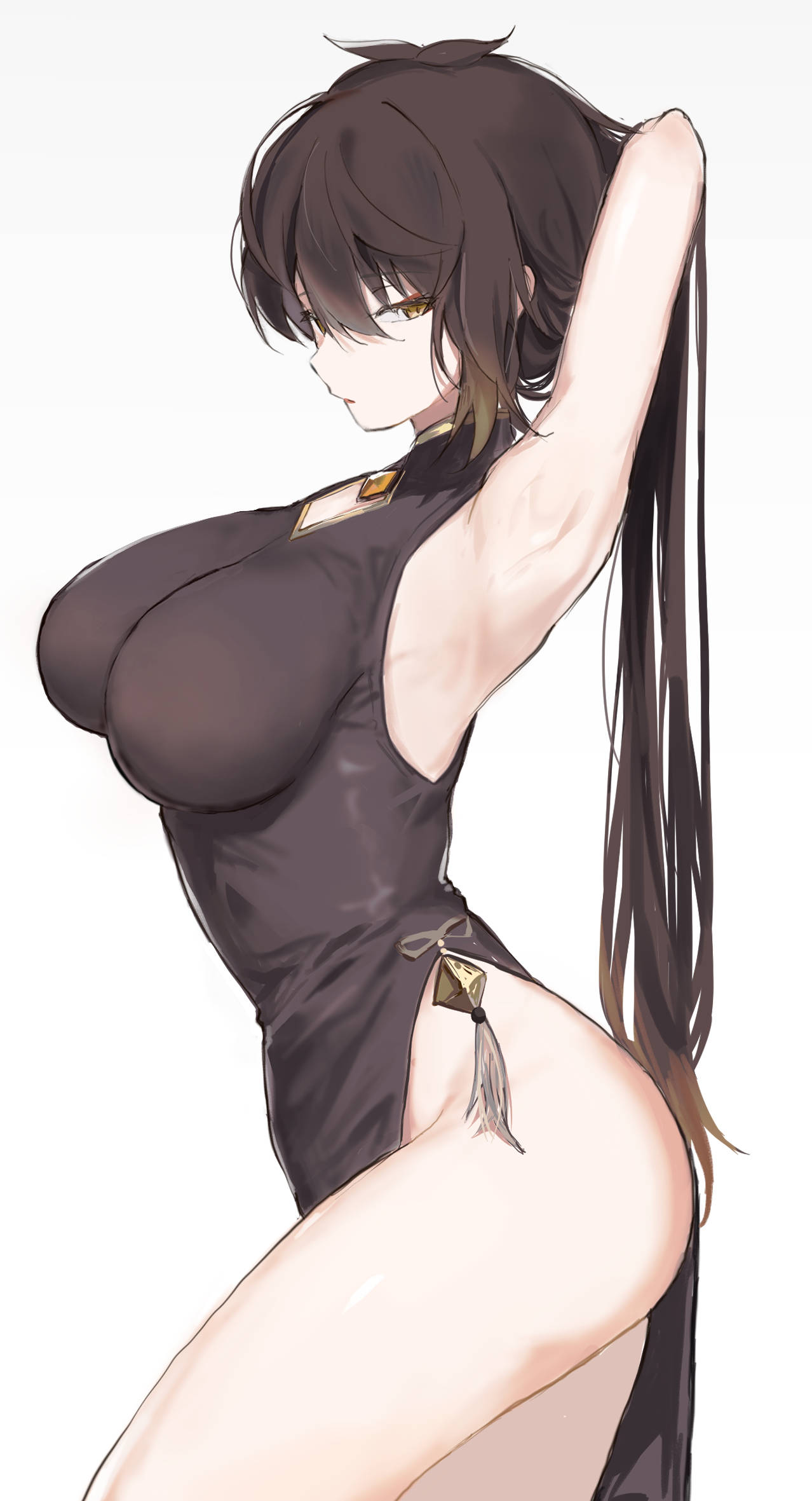 1girl arm_up armpits ass black_dress black_hair blonde_hair breasts china_dress chinese_clothes cleavage_cutout clothing_cutout cowboy_shot dress gem genderswap genderswap_(mtf) genshin_impact gradient_hair hair_between_eyes highres impossible_clothes impossible_dress large_breasts looking_at_viewer looking_to_the_side multicolored_hair no_panties otsumami_(02mami) ponytail side_slit simple_background skin_tight sleeveless sleeveless_dress solo thighs white_background yellow_eyes zhongli_(genshin_impact)
